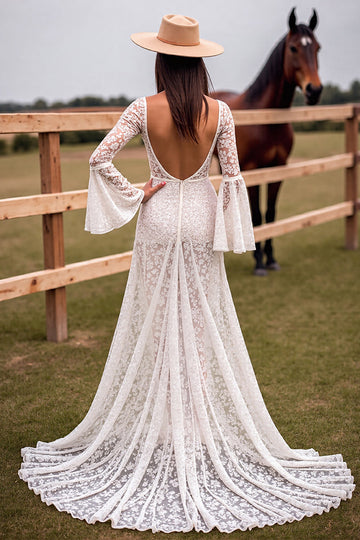 Corset White Lace Wedding Dress with Slit